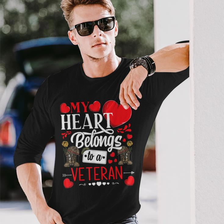 My Heart Belongs To A Veteran Awesome Valentines Day Men Women Long Sleeve T-shirt Graphic Print Unisex Gifts for Him