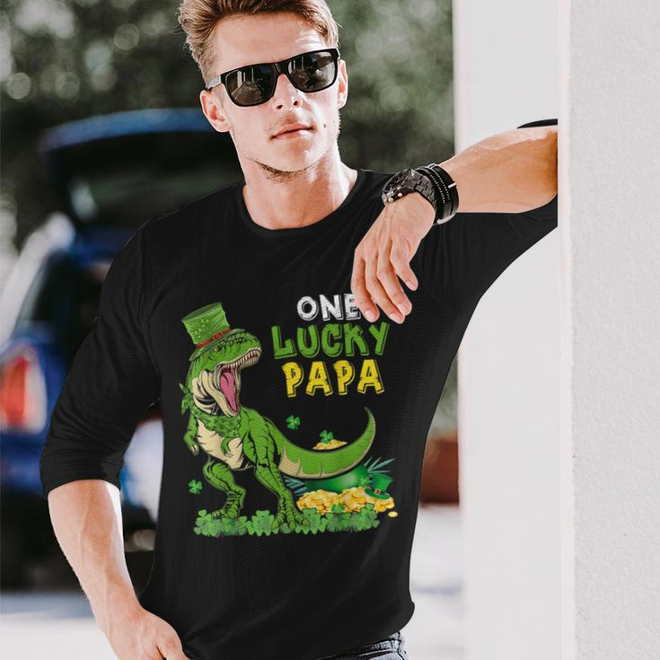 One Lucky Papa St Patricks Day T-Rex Leprechaun Long Sleeve T-Shirt Gifts for Him