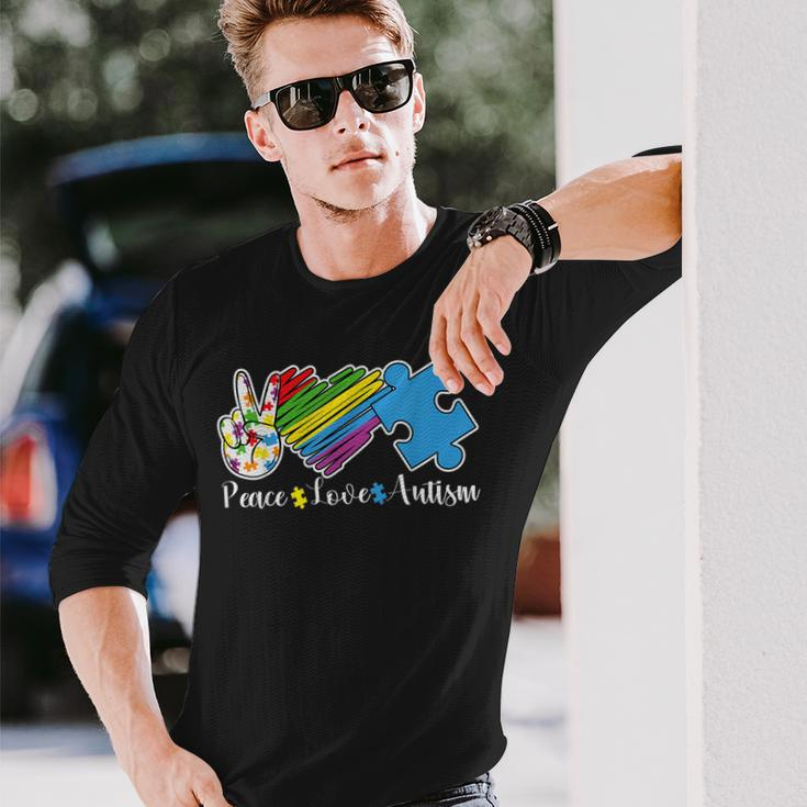 Peace Love Autism Puzzle In April We Wear Blue For Autism Long Sleeve T-Shirt T-Shirt Gifts for Him