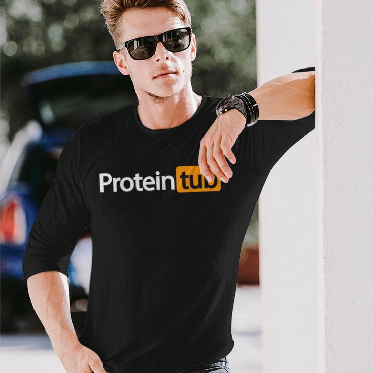 Protein Tub Fun Adult Humor Joke Workout Fitness Gym Long Sleeve T-Shirt Gifts for Him