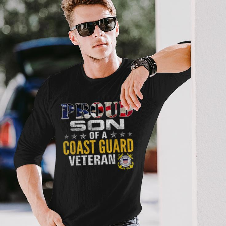 Proud Son Of A Coast Guard Veteran American Flag Military Long Sleeve T-Shirt Gifts for Him