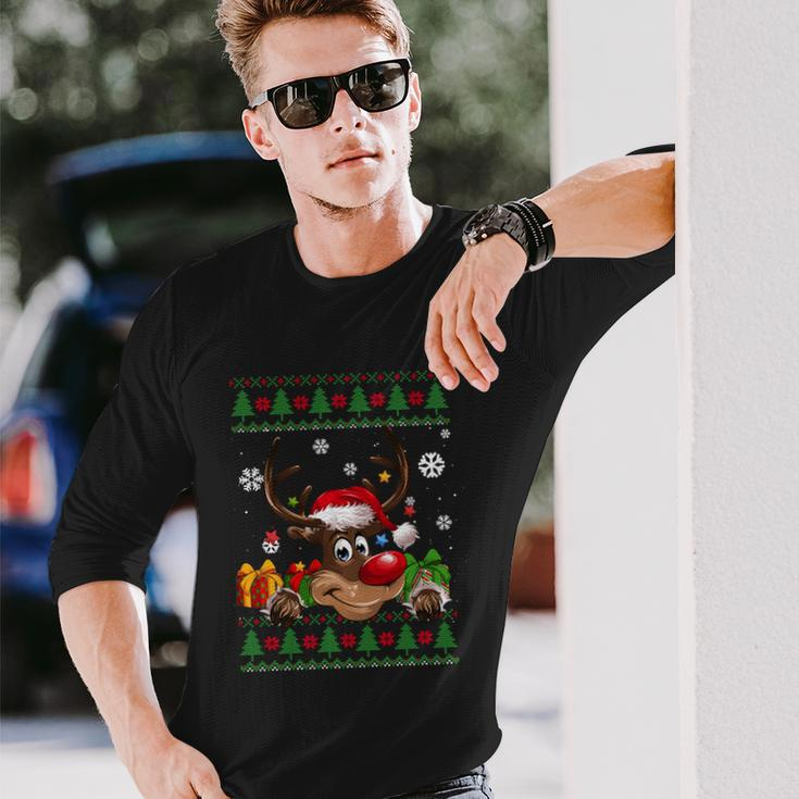 Reindeer Lovers Santa Hat Ugly Christmas Sweater Cool Long Sleeve T-Shirt Gifts for Him