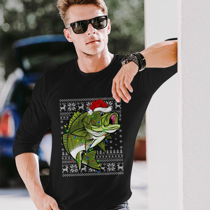 Santa Hat Bass Fish Xmas Lighting Ugly Bass Christmas Long Sleeve T-Shirt Gifts for Him
