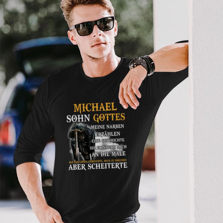 Schwarzes Langarmshirts mit Sensenmann & Michael – Sohn Gottes Spruch, Narben Story Geschenke für Ihn