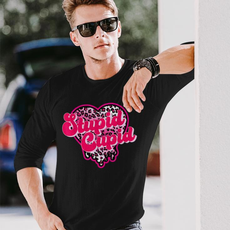 Stupid Cupid Anti Valentine Groovy Valentine Checker Heart Long Sleeve T-Shirt Gifts for Him