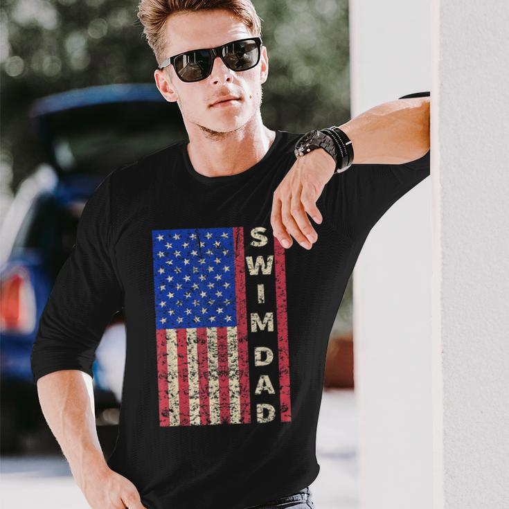 Swim Dad American Flag Swimmer Fathers Day Long Sleeve T-Shirt Gifts for Him