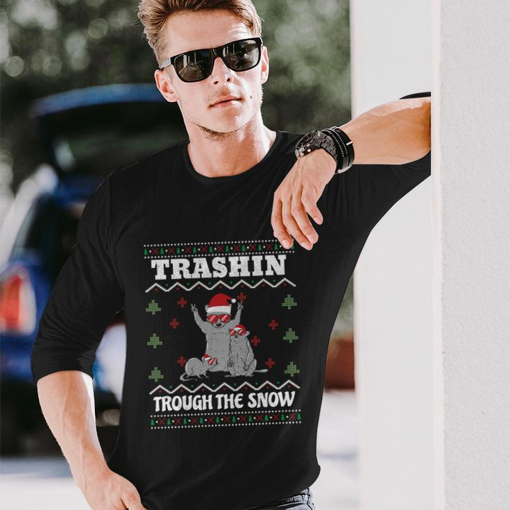 Trashin Through The Snow Raccoon Rat Ugly Christmas Long Sleeve T-Shirt Gifts for Him