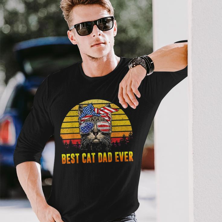 Vintage Best Cat Dad Ever Fathers Day 4Th Of July Men Long Sleeve T-Shirt Gifts for Him