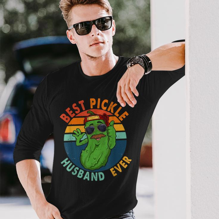 Vintage Retro Best Pickle Husband Ever Pickle Mustache Long Sleeve T-Shirt Gifts for Him