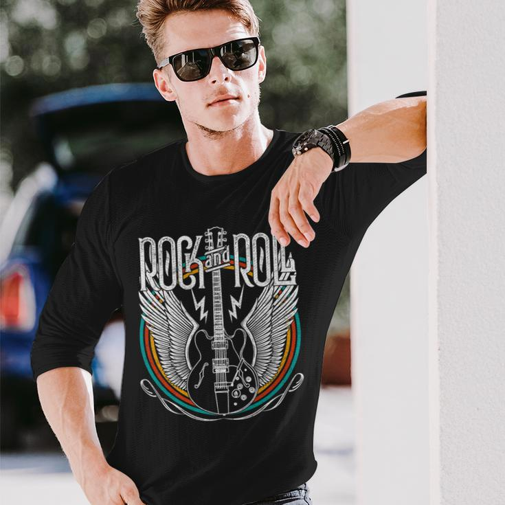 Vintage Retro Distressed 80S Rock & Roll Music Guitar Wings Long Sleeve T-Shirt Gifts for Him