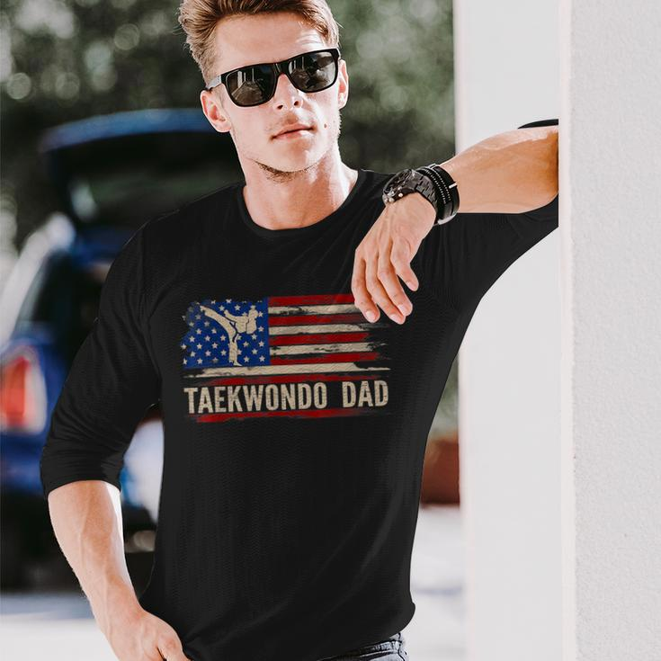 Vintage Taekwondo Dad American Usa Flag Sports The Kick Long Sleeve T-Shirt Gifts for Him