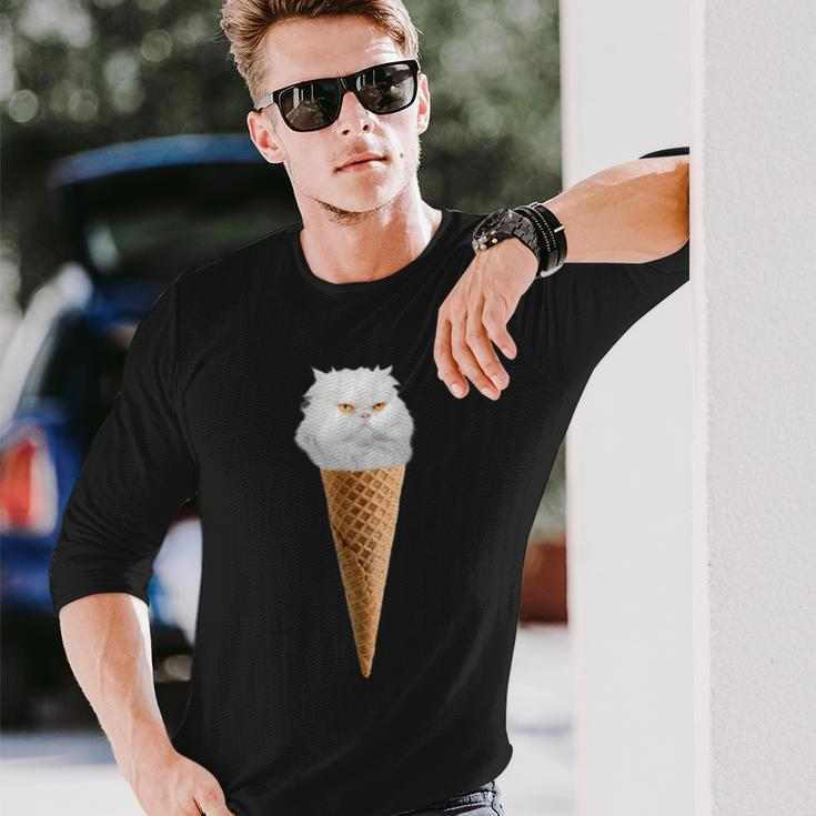 White Fluffy Cat Sitting In The Ice Cream Cone Long Sleeve T-Shirt T-Shirt Gifts for Him