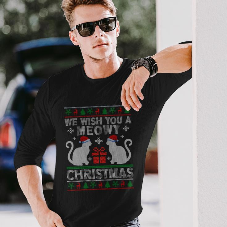 We Wish You A Meowy Catmas Santa Hat Ugly Christmas Sweater Long Sleeve T-Shirt Gifts for Him