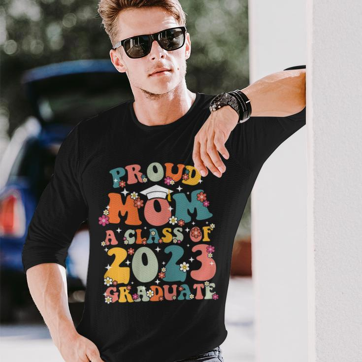 Womens Proud Mom Of A Class Of 2023 Graduate Groovy Senior 23 Men Women Long Sleeve T-shirt Graphic Print Unisex Gifts for Him