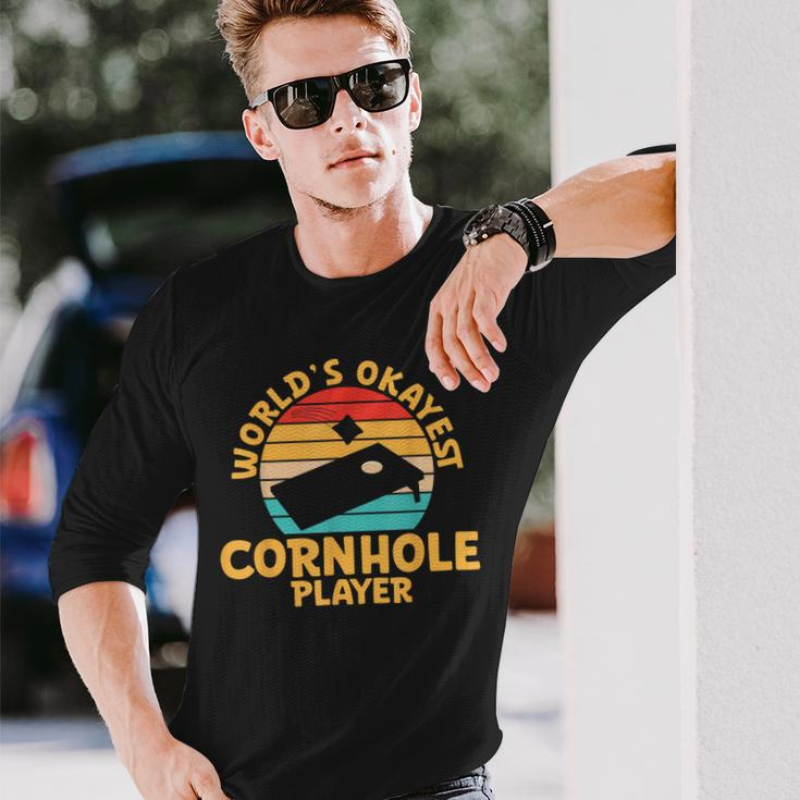World Okayest Cornhole Player Cornhole Long Sleeve T-Shirt Gifts for Him