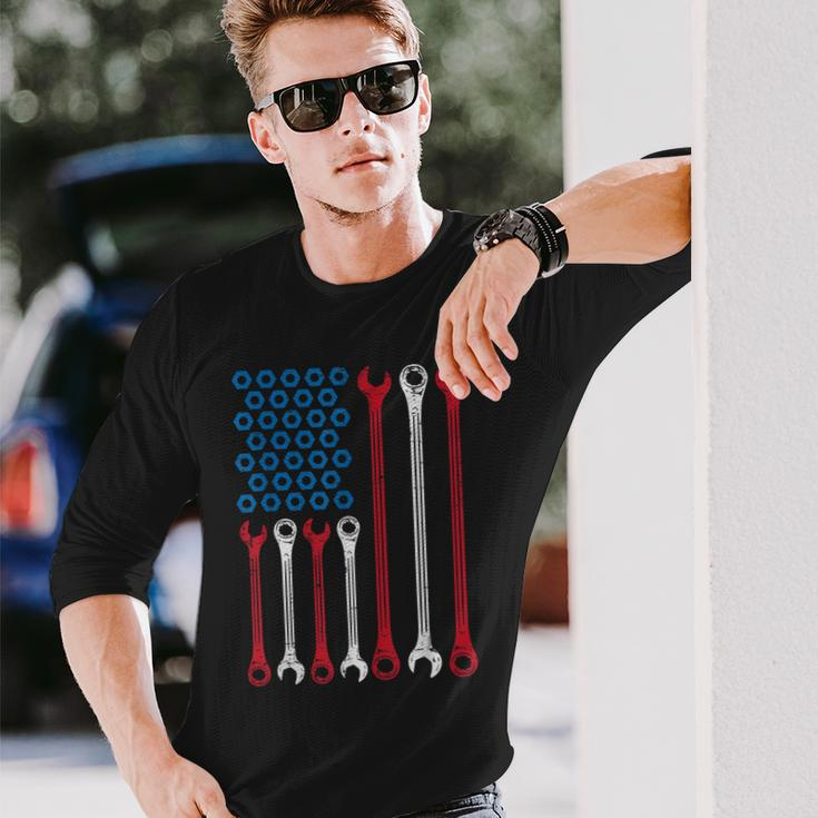 Wrench Flag Vintage Fathers Day Patriotic Mechanic Dad Long Sleeve T-Shirt T-Shirt Gifts for Him