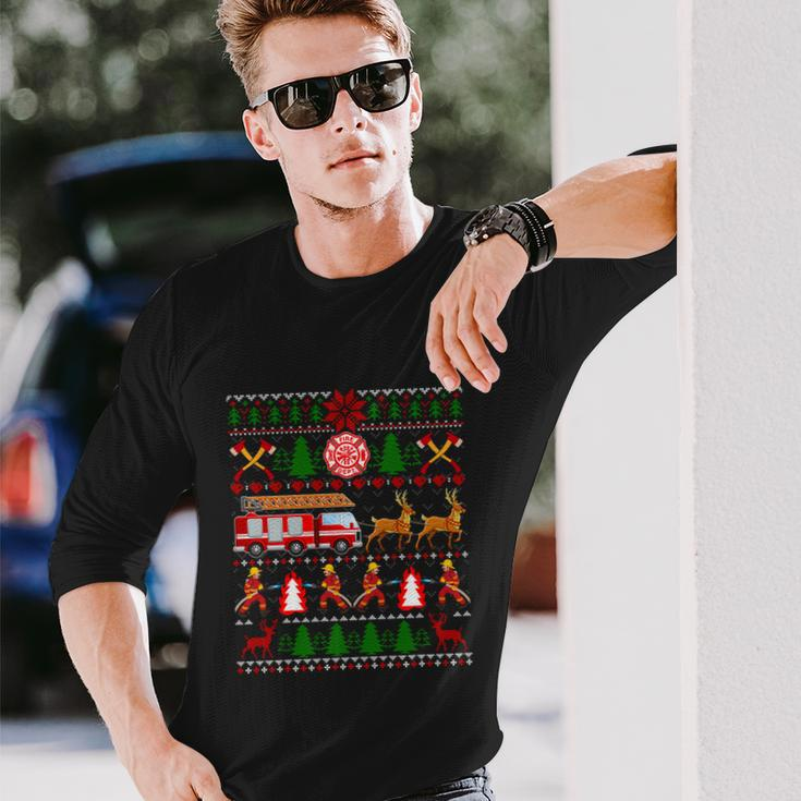Xmas Firefighter Lover Fire Truck Fire Ugly Christmas Long Sleeve T-Shirt Gifts for Him