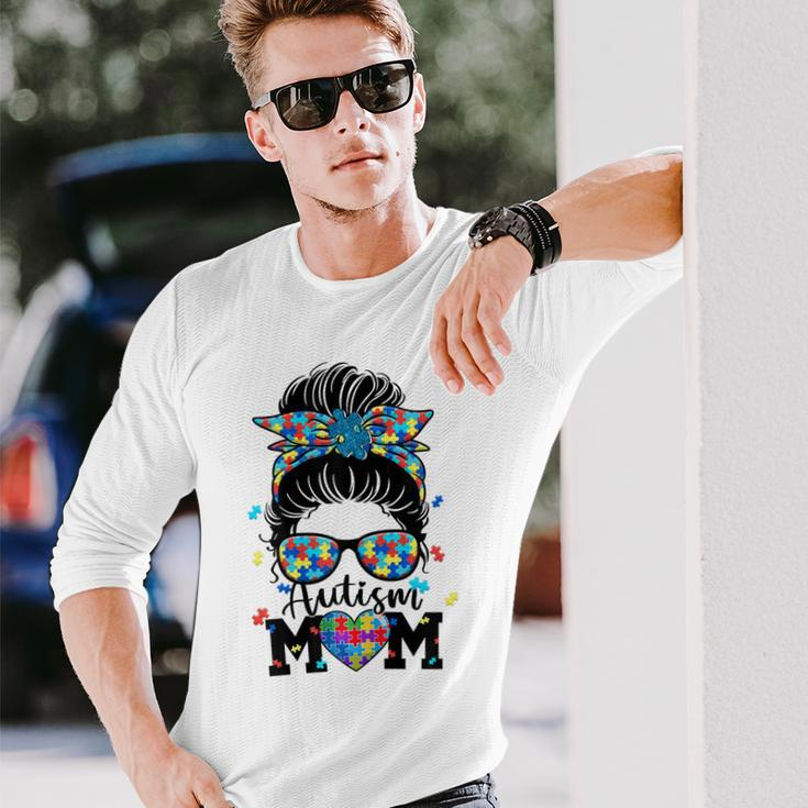 Autism Mom Life Messy Bun Sunglasses Bandana Mother’S Day Long Sleeve T-Shirt Gifts for Him