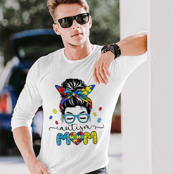 Autism Mom Messy Bun Sunglasses Bandana Autism Awareness Long Sleeve T-Shirt T-Shirt Gifts for Him