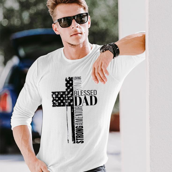 Cool Christian Blessed Dad Cross American Flag Fathers Day Long Sleeve T-Shirt T-Shirt Gifts for Him