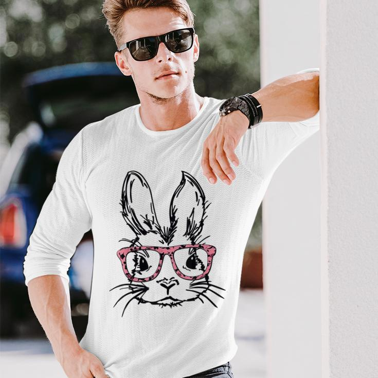 Cute Bunny With Glasses Leopard Print Easter Bunny Face Long Sleeve T-Shirt Gifts for Him