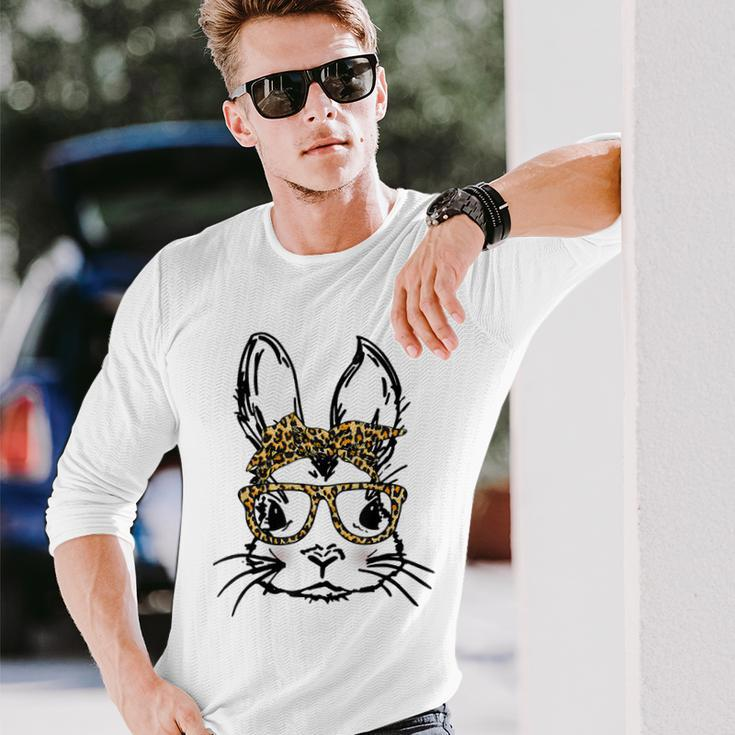 Cute Bunny Wearing Glasses Leopard Easter Day Long Sleeve T-Shirt Gifts for Him