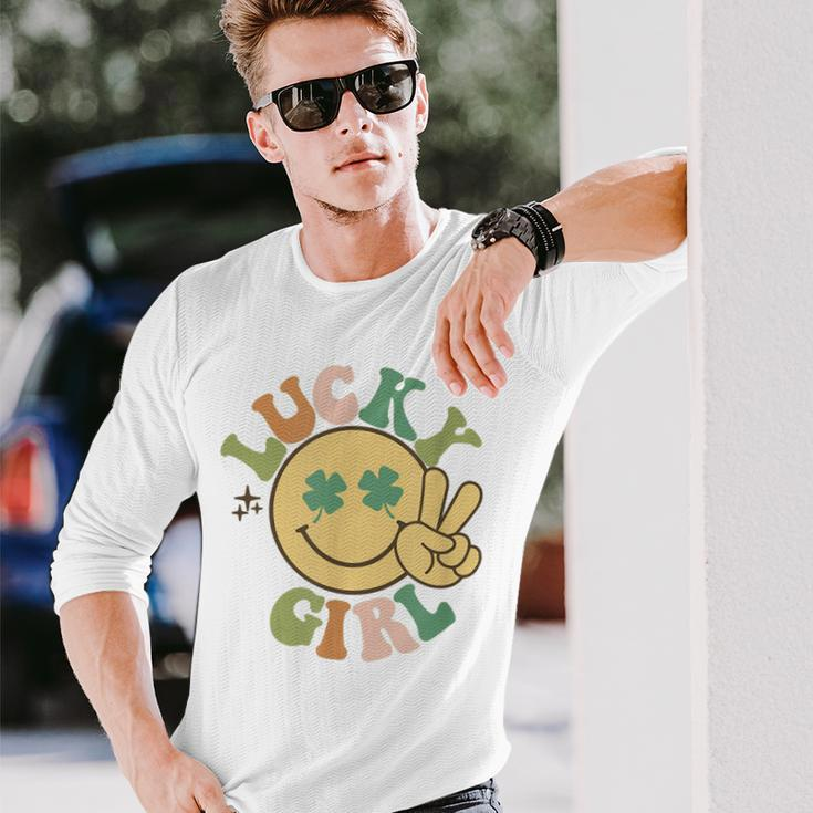 Lucky St Patricks Day Retro Smiling Face Shamrock Hippie Long Sleeve T-Shirt T-Shirt Gifts for Him