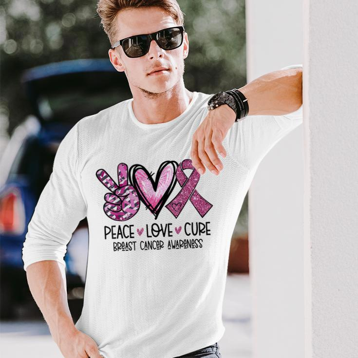 Peace Love Cure Pink Ribbon Cancer Breast Awareness Long Sleeve T-Shirt Gifts for Him