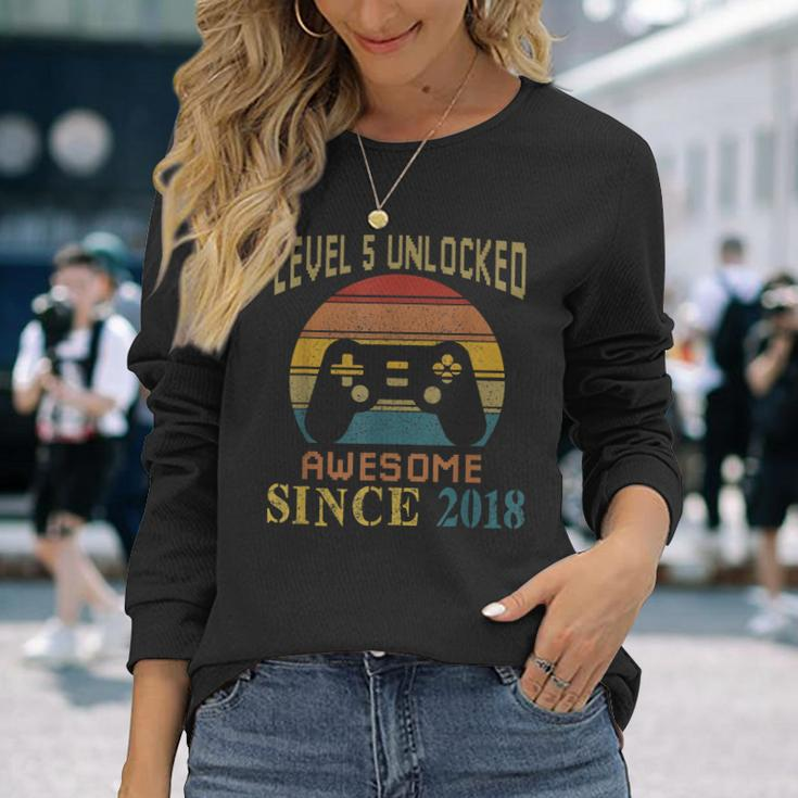 5 Years Level 5 Unlocked Awesome Since 2018 5Th Birthday Men Women Long Sleeve T-shirt Graphic Print Unisex Gifts for Her