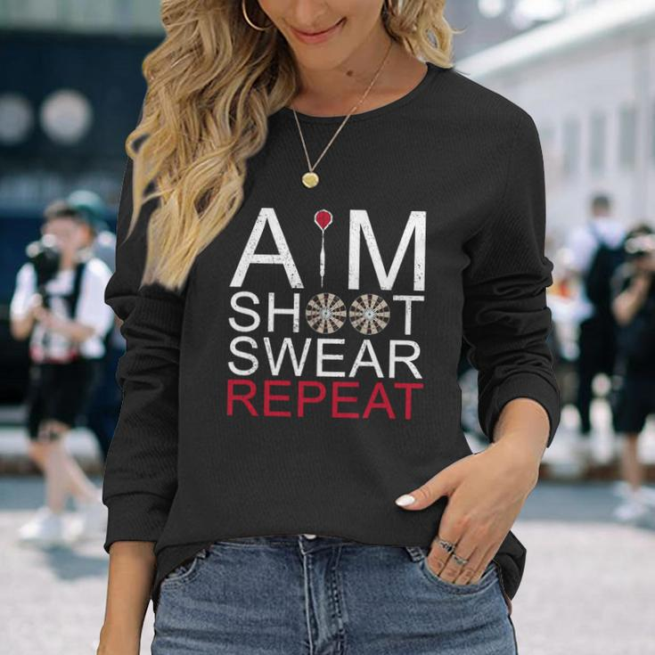 Aim Shoot Swear Repeat Darts Retro Vintage Men Women Long Sleeve T-Shirt T-shirt Graphic Print Gifts for Her