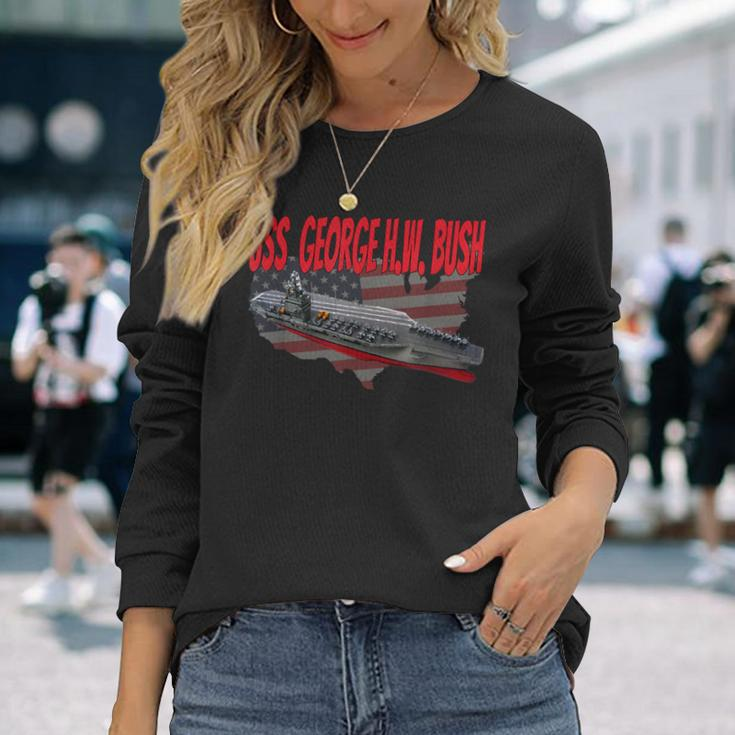 Aircraft Carrier Uss George HW Bush Cvn-77 Grandpa Dad Son Long Sleeve T-Shirt Gifts for Her