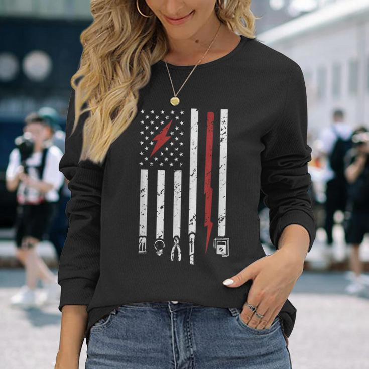 American Electritian Usa Flag Patriot Handyman Dad Birthday Long Sleeve T-Shirt Gifts for Her