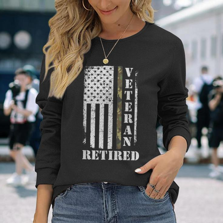 Army Veteran Retired American Flag Camo Proud Army Veteran Men Women Long Sleeve T-shirt Graphic Print Unisex Gifts for Her