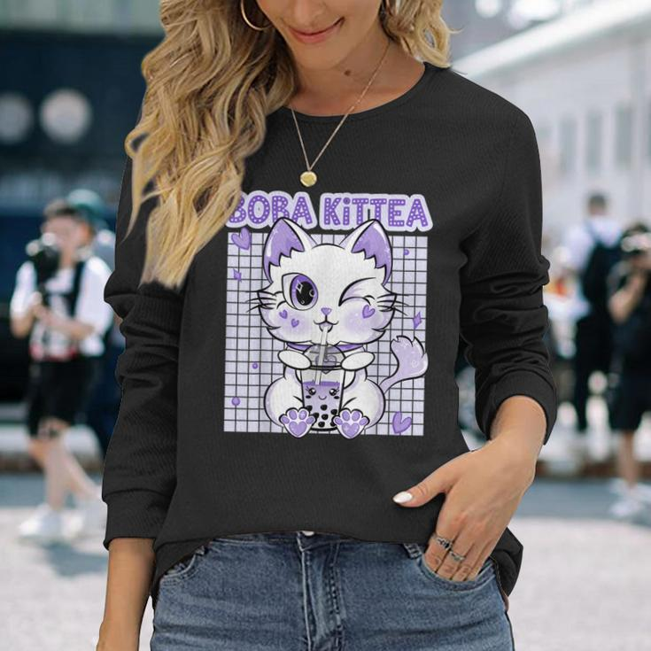 Boba Tea Women Lavender Kittea Kawaii Cat Japanese Long Sleeve T-Shirt Gifts for Her