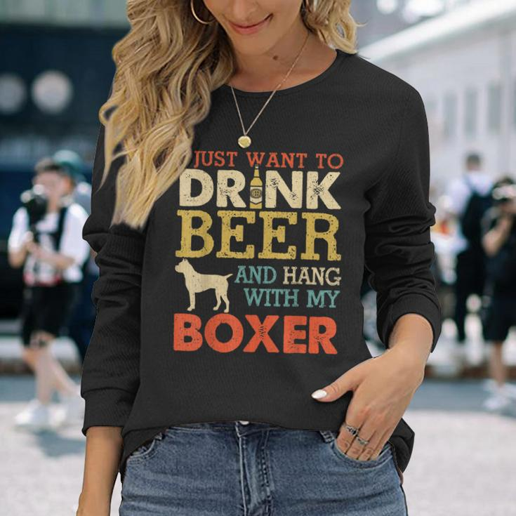 Boxer Dad Drink Beer Hang With Dog Men Vintage Long Sleeve T-Shirt Gifts for Her