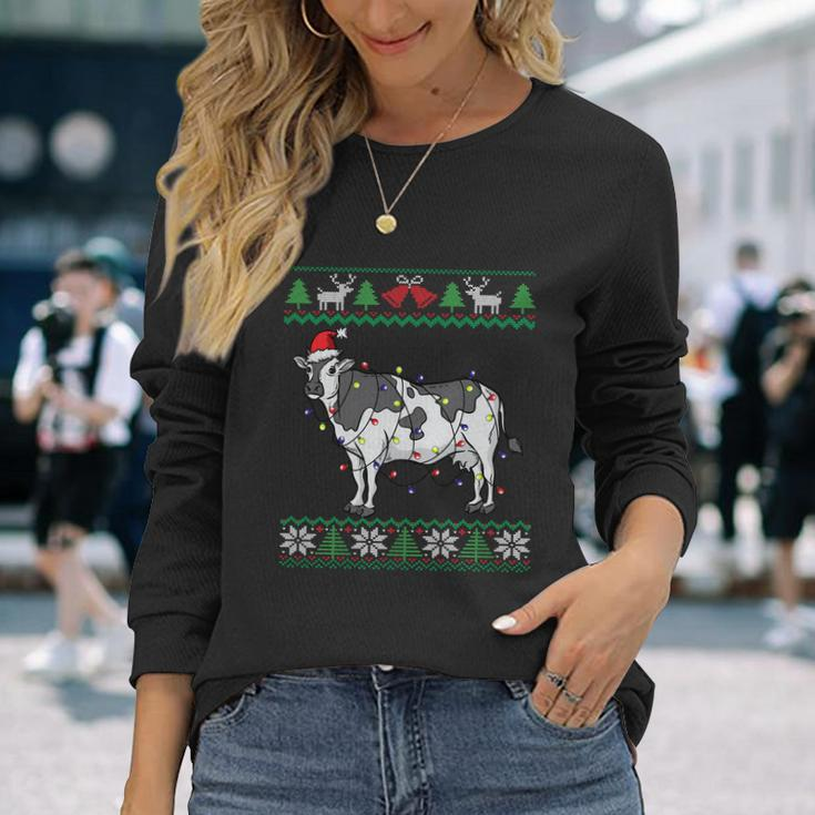 Cow Santa Claus And Lights Dairy Farmer Ugly Christmas Long Sleeve T-Shirt Gifts for Her