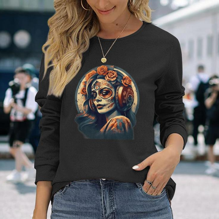 Dia De Los Muertos Calavera Retro Bomber Pinup Sugar Skull Long Sleeve T-Shirt T-Shirt Gifts for Her
