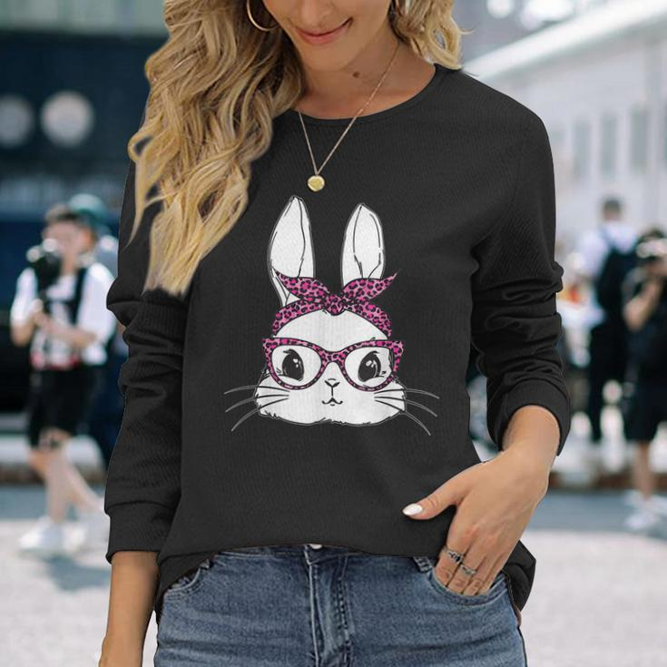 Easter Day Cute Bunny Rabbit Face With Leopard Pink Glasses Long Sleeve T-Shirt Gifts for Her