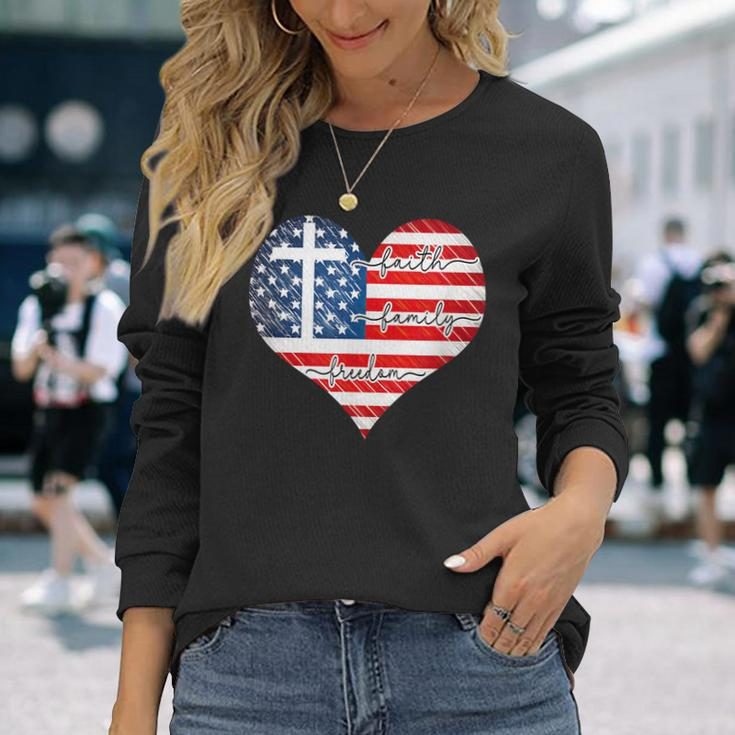 Faith Freedom Heart 4Th Of July Patriotic Flag Long Sleeve T-Shirt Gifts for Her