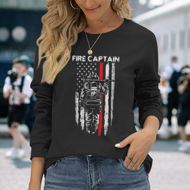 Fire Captain Chief American Flag Firefighter Captain Long Sleeve T-Shirt Gifts for Her