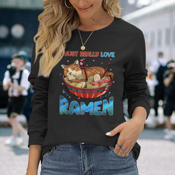 Funny Kawaii Anime Cats Love Ramen Japanese Noodles V2 Men Women Long Sleeve T-shirt Graphic Print Unisex Gifts for Her