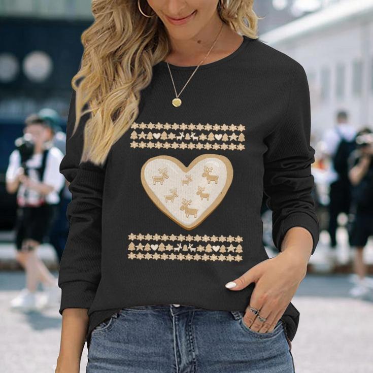 Gingerbread Heart And Deer Cookie Ugly Christmas Sweater Long Sleeve T-Shirt Gifts for Her