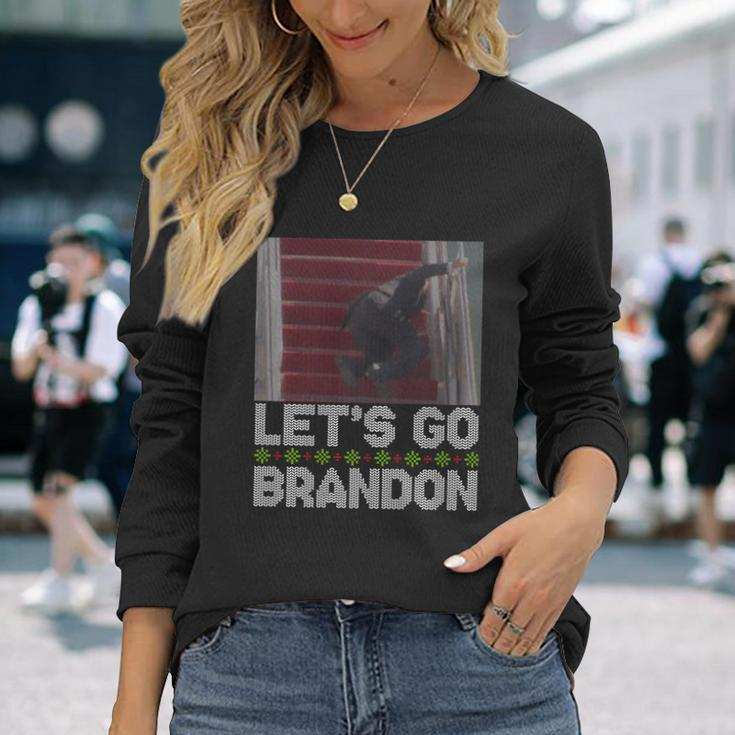 Lets Go Brandon Falling Biden Ugly Christmas Sweater Long Sleeve T-Shirt Gifts for Her