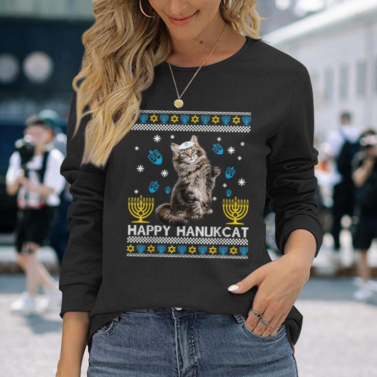 Happy Hanukcat Ugly Hanukkah Sweater Maine Coon Cat Jewish V2 Men Women Long Sleeve T Shirt T shirt Graphic Print Thegiftio UK