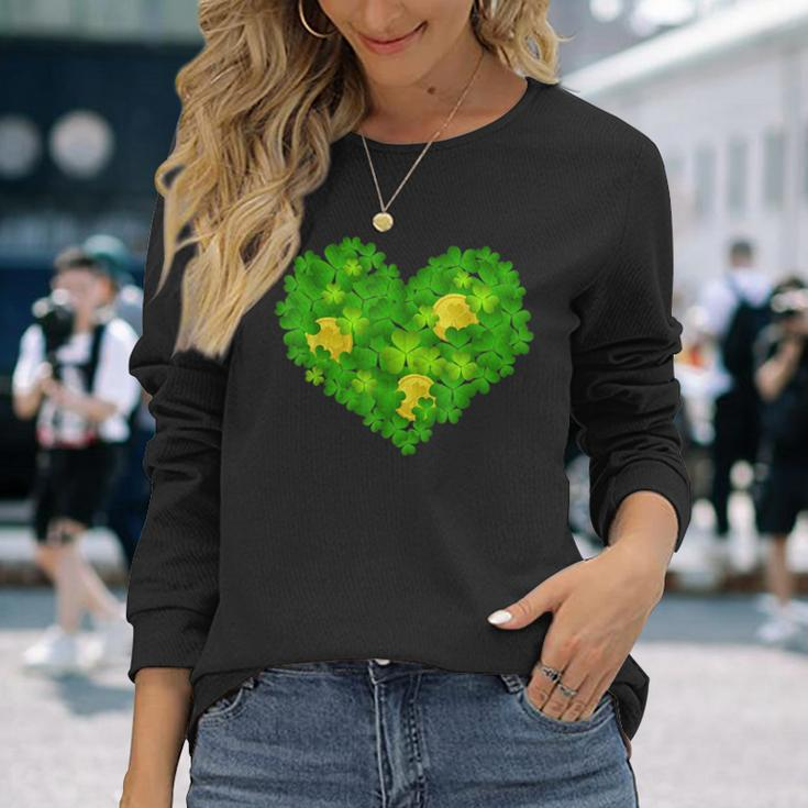 Happy St Patricks Day Heart Lucky Leopard Shamrock Irish Long Sleeve T-Shirt Gifts for Her