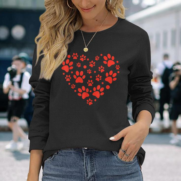 Heart Paw Print Valentines Cute Dog Love Doggie Puppy Lover Long Sleeve T-Shirt Gifts for Her