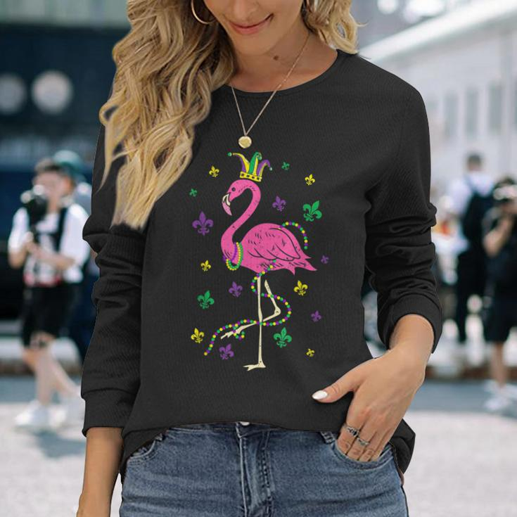 Jester Pink Flamingo Bird Animal Cute Mardi Gras Carnival V5 Long Sleeve T-Shirt Gifts for Her