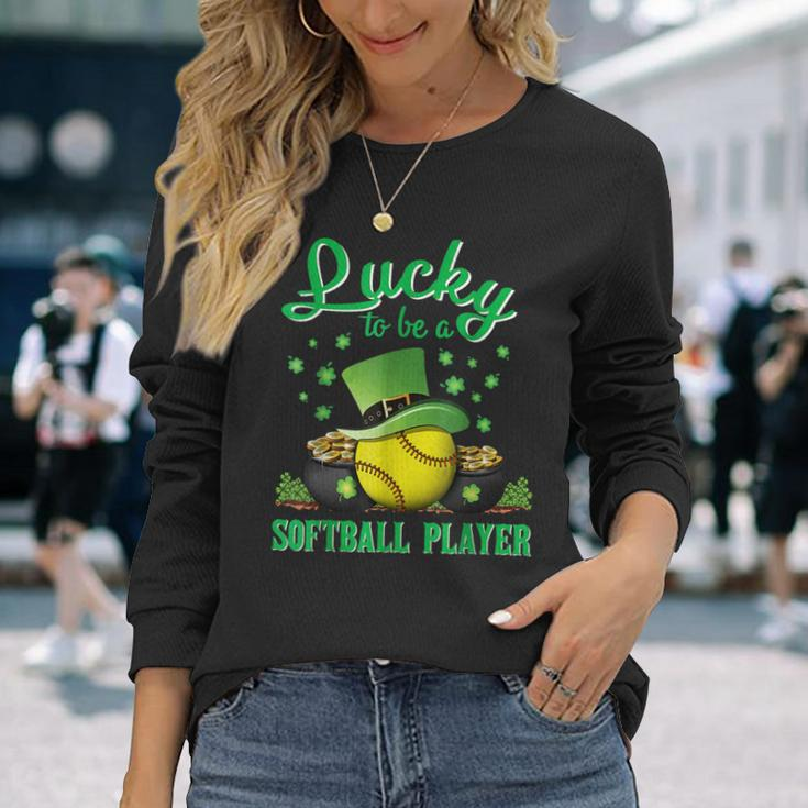 Lucky To Be A Softball Player St Patricks Day Lucky Clover Long Sleeve T-Shirt Gifts for Her