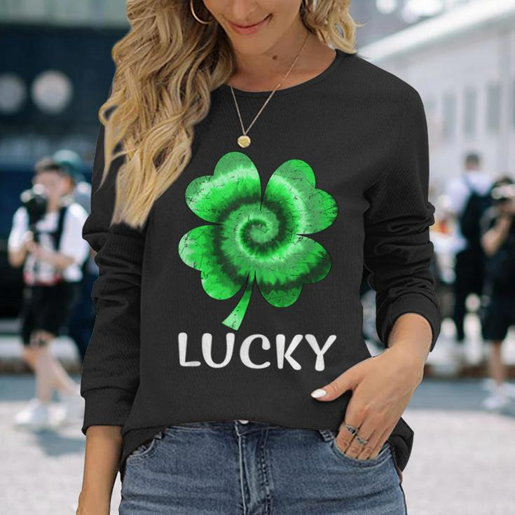 Lucky St Patricks Day St Paddys Outfit Shamrock Tie Dye Long Sleeve T-Shirt Gifts for Her