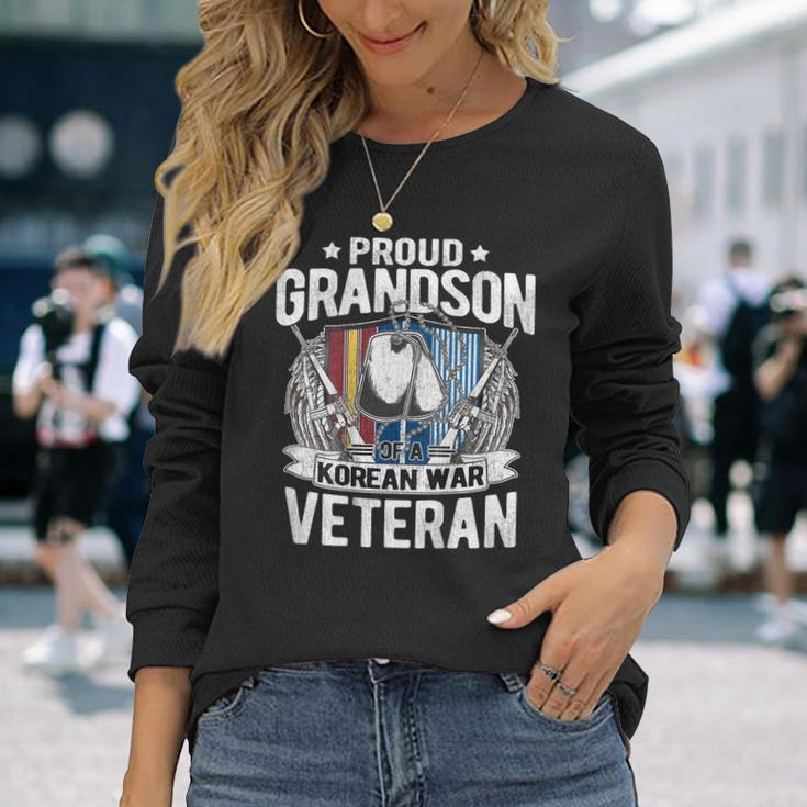 Proud Grandson Of Korean War Veteran Dog Tag Military Family Men Women Long Sleeve T-shirt Graphic Print Unisex Gifts for Her
